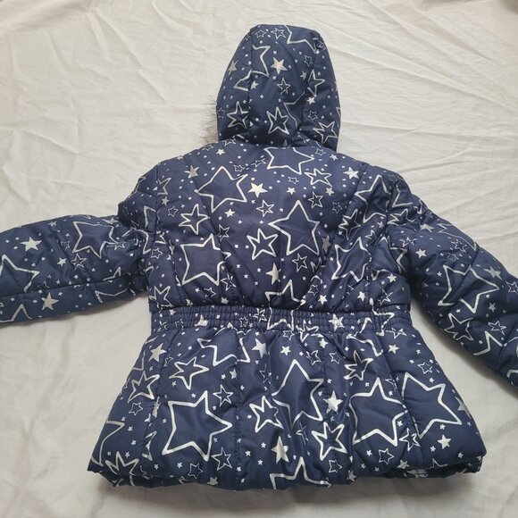 R1881 S. Rothschild Puffer Jacket Hooded Fur Trim Silver Foil Stars Navy 4T - Picture 9 of 9
